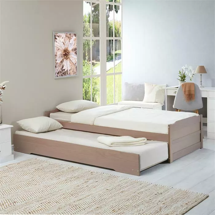IDIMEX Ausziehbett LORENA 90x190 Cm, Kiefer Massiv In Taupe 2 IDIMEX Ausziehbett LORENA 90x190 Cm, Kiefer Massiv In Taupe – Bild 2