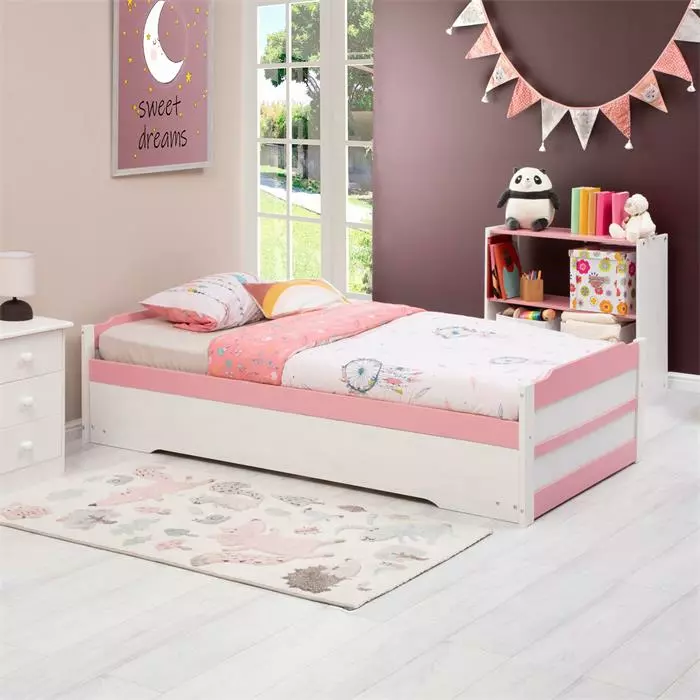 IDIMEX Ausziehbett LORENA 90x190 Cm, Kiefer In Weiß/rosa 2 IDIMEX Ausziehbett LORENA 90x190 Cm, Kiefer In Weiß/rosa – Bild 2