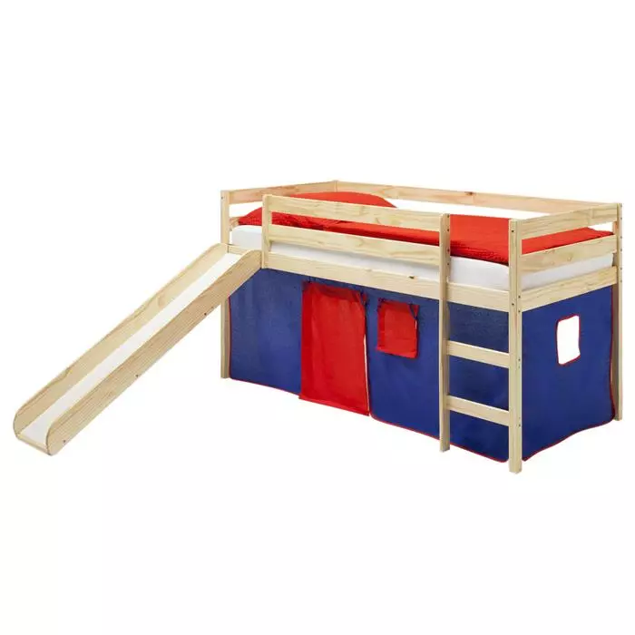 IDIMEX Hochbett Mit Rutsche BENNY Natur, Vorhang Blau/rot 2 IDIMEX Hochbett Mit Rutsche BENNY Natur, Vorhang Blau/rot – Bild 2