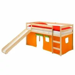 IDIMEX Hochbett Mit Rutsche BENNY Natur, Vorhang In Orange