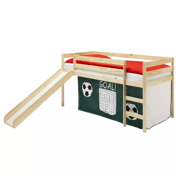 IDIMEX Hochbett Mit Rutsche BENNY Natur, Vorhang Fußball 1 IDIMEX Hochbett Mit Rutsche BENNY Natur, Vorhang Fußball
