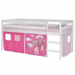 IDIMEX Hochbett ERIK Weiß Mit Vorhang PRINZESSIN, Pink/rosa