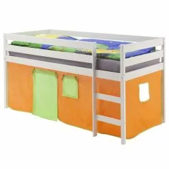 IDIMEX Hochbett ERIK In Weiß Mit Vorhang Orange/grün