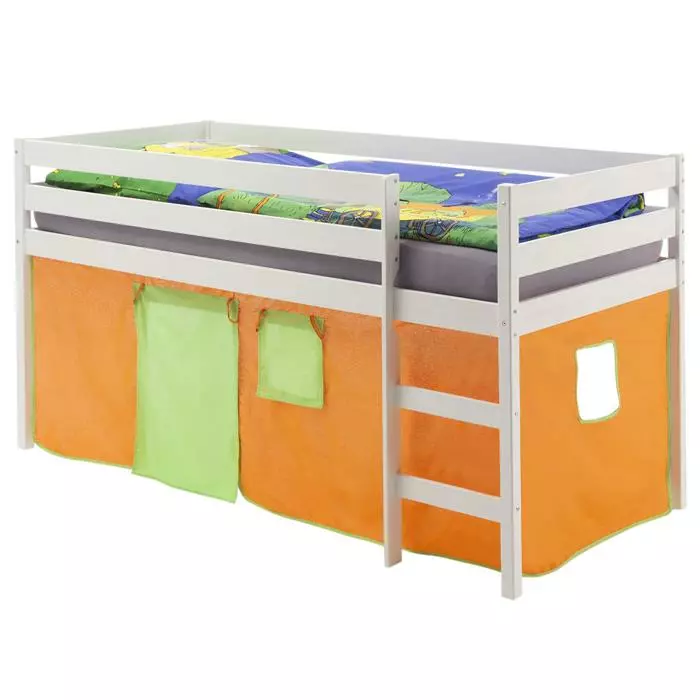 IDIMEX Hochbett ERIK In Weiß Mit Vorhang Orange/grün 1 IDIMEX Hochbett ERIK In Weiß Mit Vorhang Orange/grün