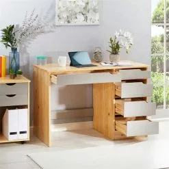 IDIMEX Schreibtisch HUGO In Kiefer Massiv In Natur/grau Mit 5 Schubladen -Sideboards Verkäufe 7209 AC2