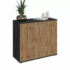 CARO-Möbel Kommode CHICAGO Mit 2 Türen In Beton Dunkel/Wotan Eiche