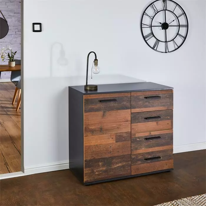 CARO-Möbel Kommode CHICAGO Beton Dunkel/Old Style, 4 Schubladen, 1 Tür 2 CARO-Möbel Kommode CHICAGO Beton Dunkel/Old Style, 4 Schubladen, 1 Tür – Bild 2