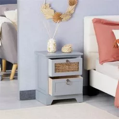 CARO-Möbel Nachttisch PADMA Mit 2 Schubladen Und Wiener Geflecht, Grau -Sideboards Verkäufe 95337 AC2