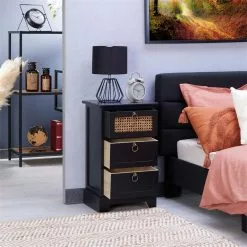 CARO-Möbel Nachttisch RAJA Mit 3 Schubladen Und Wiener Geflecht, Schwarz -Sideboards Verkäufe 95339 AC2
