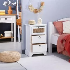 CARO-Möbel Nachttisch RAJA Mit 3 Schubladen Und Wiener Geflecht, Weiß -Sideboards Verkäufe 95341 AC2