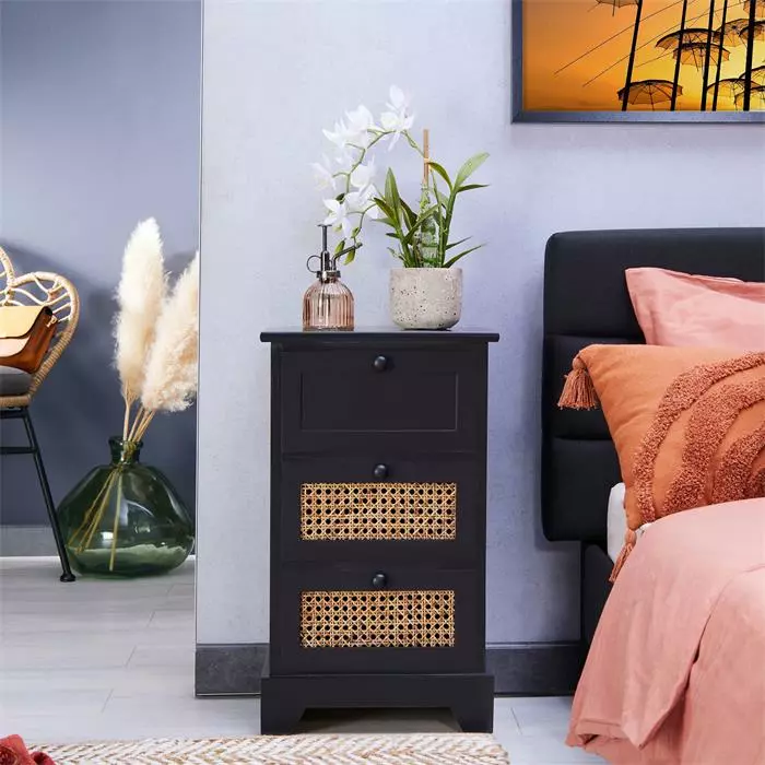 CARO-Möbel Nachttisch ROSHNI Mit 3 Schubladen Und Wiener Geflecht, Schwarz 2 CARO-Möbel Nachttisch ROSHNI Mit 3 Schubladen Und Wiener Geflecht, Schwarz – Bild 2