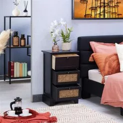 CARO-Möbel Nachttisch ROSHNI Mit 3 Schubladen Und Wiener Geflecht, Schwarz 8 CARO-Möbel Nachttisch ROSHNI Mit 3 Schubladen Und Wiener Geflecht, Schwarz -Sideboards Verkäufe 95348 AC2