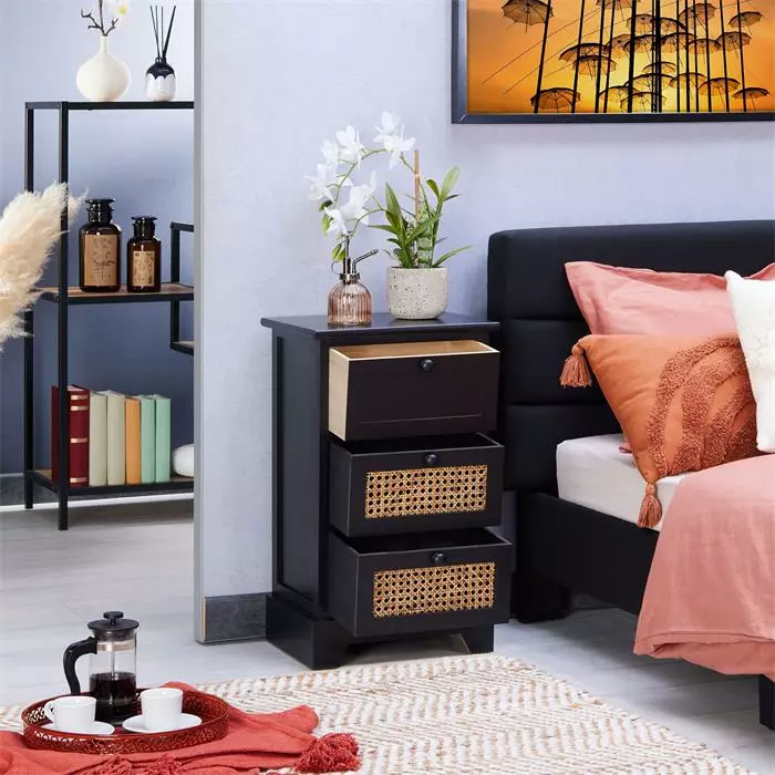 CARO-Möbel Nachttisch ROSHNI Mit 3 Schubladen Und Wiener Geflecht, Schwarz 3 CARO-Möbel Nachttisch ROSHNI Mit 3 Schubladen Und Wiener Geflecht, Schwarz – Bild 3