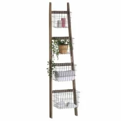 CARO-Möbel Leiterregal FLORISTA In Dunkelbraun Mit 4 Metallkörben