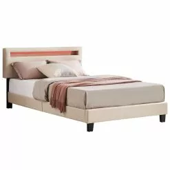 CARO-Möbel Polsterbett POWELL 120x200 Cm Mit LED Beleuchtung, Stoff Beige