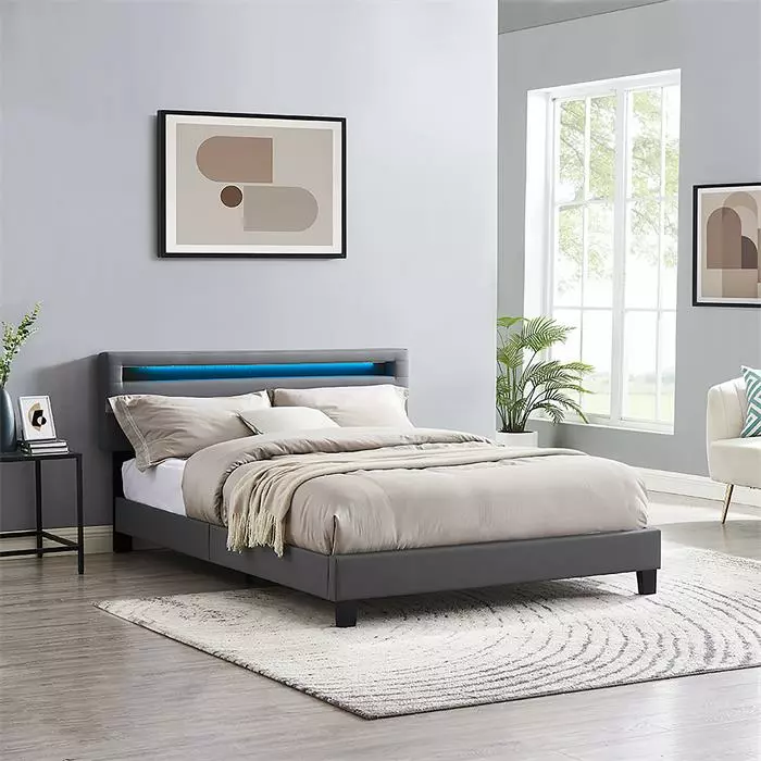 CARO-Möbel Polsterbett COLUMBUS 140x200 Cm, LED Beleuchtung, Kunstleder Grau 2 CARO-Möbel Polsterbett COLUMBUS 140x200 Cm, LED Beleuchtung, Kunstleder Grau – Bild 2